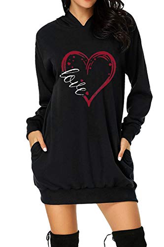 Women Hoodie Dresses Heart Printed Tunic Oversized Sweatshirt Pockets Pullover Tops (Small, Black)
