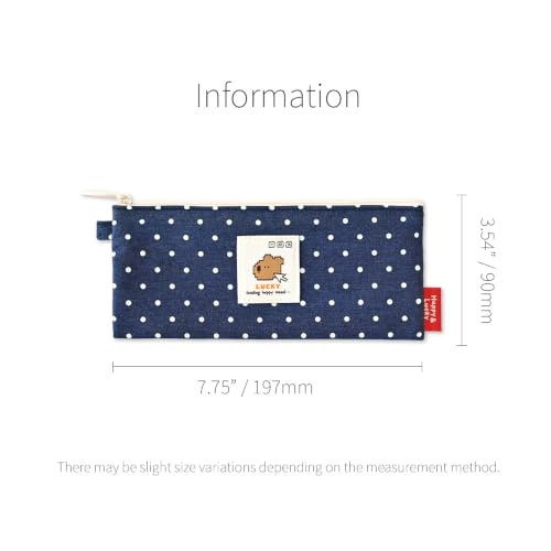 Image of Monolike Happy and Lucky Denim Dot pen case, Navy - Slim Corduroy Style Cotton Pen Pouch, Cute Aesthetic Pastel Stationery Organizer for Office