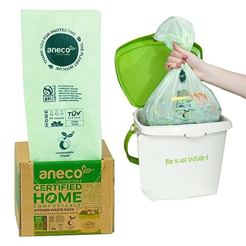 ANECO 100% Compostable Waste Bags 2.6 Gallon, Extra Thick Kitchen Small Compost Bags for Countertop Bin (100 Count)