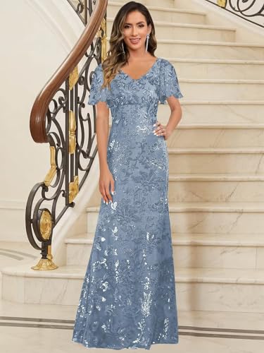 V Neck Mother of The Bride Dresses for Women Short Sleeve Long Sequin Lace Evening Formal Dress3