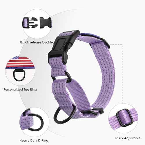 Image of Martingale Dog Collar Reflective NO Pull with USA Flag, Lavender, M | Escape Proof without choking,Adjustable Limited Slip Collar with Quick Release Buckle, Nylon Walking Collar for S M L Dogs