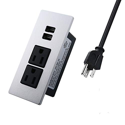Desk Power Strip Socket with USB, Recessed Power Outlets Connect 2 Plugs 6.5 ft Extension Cord for Reading Office Home Silver