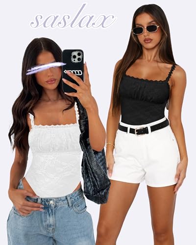 Saslax Women's Sexy Square Neck Lace Sleeveless Bodysuit Tank Tops Double Lined Body Suit Thong Outfits