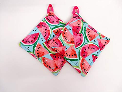 Potholder Set in a Springtime Watermelon Fabric Print by Sewuseful Studios LLC