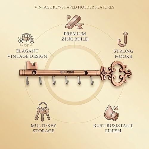Image of Royal Chavi-Shaped Key Holder /Rajwadi Key Stand with 6 Hook & Brass Metal Wall Mount Key Hanger /Home Decor Gift (Rose Gold)-| 3 Years Warranty |