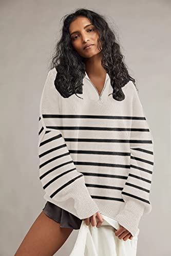 Womens Sweaters Casual Zipper Neck Knit Tops Batwing Sleeve Oversized Sweatshirt Stripes Pullover Sweater Side Split2