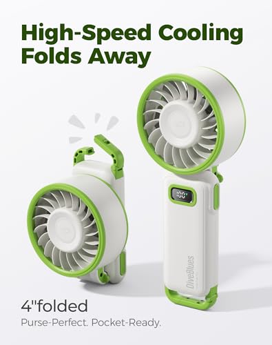 Image of Diveblues Portable Turbo Fan, 7.4m /s High Speed Handheld Fan, 180 Foldable 4-in-1 Personal Neck Fan with Carabiner Clip, 100 Speed Stepless Control, USB-C Rechargeable for Travel, Makeup Hot Flashes