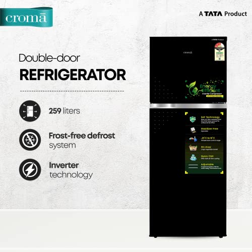 Image of CROMA 259L 3 Star Inverter Frost Free Double Door Refrigerator (CRLR260FFD259606, Black Uniglass) 2022 Model