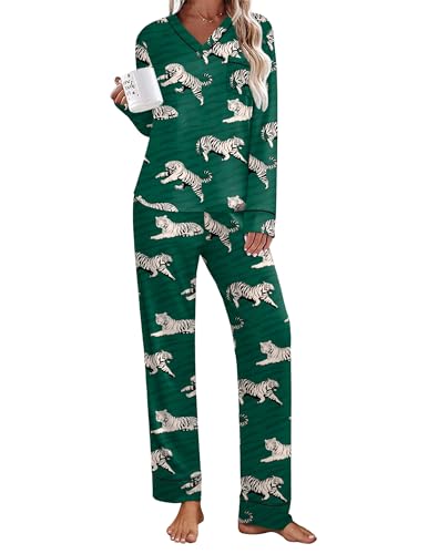 Ekouaer Womens Pajamas Sets V Neck Long Sleeve Sleepwear Comfy Pants 2 piece Loungewear with Pocket Green Tiger Large