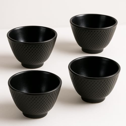 Mikily‘s 4 Pieces Japanese Cast Iron Tea Cup Set Handcrafted Ceramic Mugs with Fine Grinding Bottoms Chinese Kung Fu Tea Cup Blossom Teacup Handcraft Mugs Set