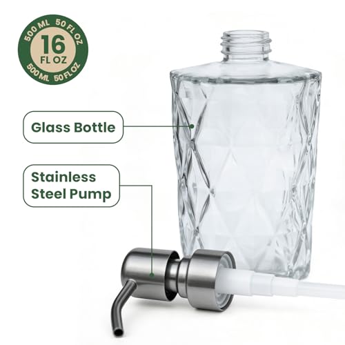 Image of 16 OZ Diamond Design Soap Dispense with 304 Rust Proof Stainless Steel Pump Glass Soap Dispenser Kitchen Soap Dispenser Bathroom