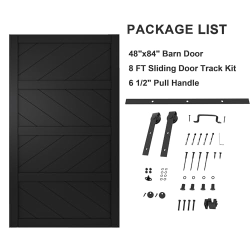 Image of 48 inchx84 inch Black Waved Barn Door with 8 FT Track Kit & Handle & Floor Guide | Pre-Drill Holes Easy Assembly & Install Required, Solid Core Wood Sliding Barn Door for Water-Resistant & Sound Reduction