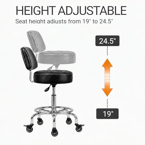 Image of Lockable Rolling Stool with Back Support and Foot Ring, Ergonomic Hydraulic Adjustable Stool, Thick Cushioned Seat with Wheels for Home Office, Small Workspace, Drafting Desk