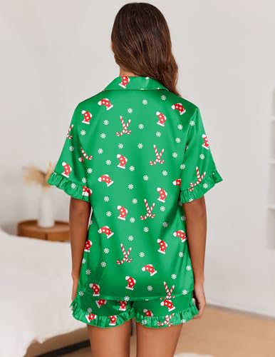 Image of Ekouaer Satin Pajama Set for Women Button Down Silk 2 Piece Pj Sets Ruffle Short Sleeve Sleepwear