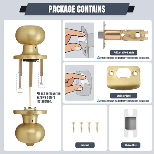 Moquin Flat Ball Privacy Brushed Gold Door Knob No Key, Round Interior Door Knob in Satin Brass Finish, Keyless Doorknob Lock for Bedroom Bathroom - Image 5