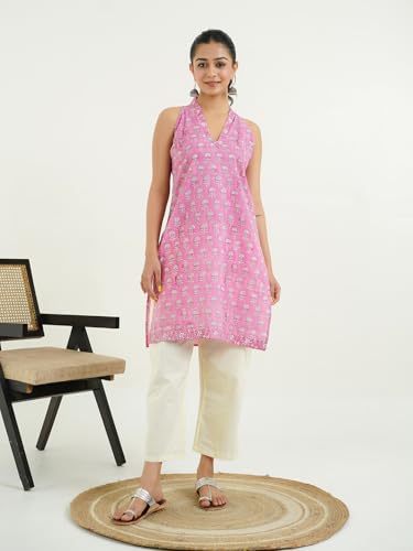 Image of GOODHAND Women Printed Cotton Kurti | Casual Long Kurta | Comfortable Ethnic Wear with Relaxed Fit