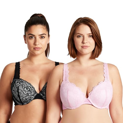 Curve Muse Women's Plus Size Add 1 and a Half Cup Push Up Underwire Convertible Lace Bras-2PK-Black,Pink-36B (EU:80B)-V2