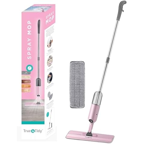 True & Tidy® SPRAY-250 Multi-Surface Spray Mop with Refillable Water Bottle for Floor Cleaning, Works on Wood, Tile, Marble etc, Use Any Cleaning Solution, Machine Washable Microfiber Mop Pads, Pink Cover