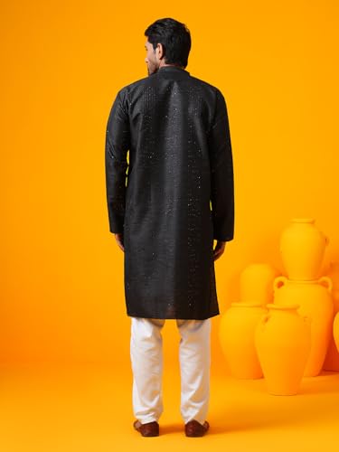 Image of SOJANYA (Since 1958 Men's Silk Bend Krochet Thread Embroidered Kurta with White Pyjama