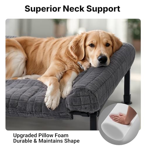 Veehoo Hundeliege Outdoor XL Waschbar, Flauschiges Hundeliege mit Abnehmbarem Polster, Erhöhtes Hundebett Hundesofa mit Rutschfesten Füßen für Drinnen Draußen, Grau 106 x 76 x 20 cm