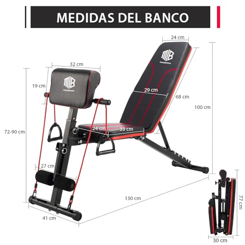 ManiBoom Banco Musculación PLEGABLE Multifuncional con 7 Posiciones Ajustable CARGA 250kg - Banco de Pesas con 2 Bandas de Entrenamiento y Cojín para Bíceps - Banca para Gym en Casa - imagen 4