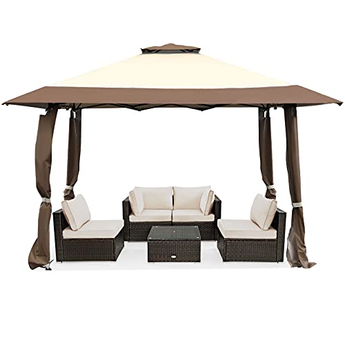 COSTWAY Pavillon 4x4 m, Pop up Faltpavillon mit Doppeldach, Wasserdicht Stabil UV-Schutz 50+, Gartenpavillon mit Tragetasche auf Rollen, Gartenzelt für Terrasse, Garten (Khaki)