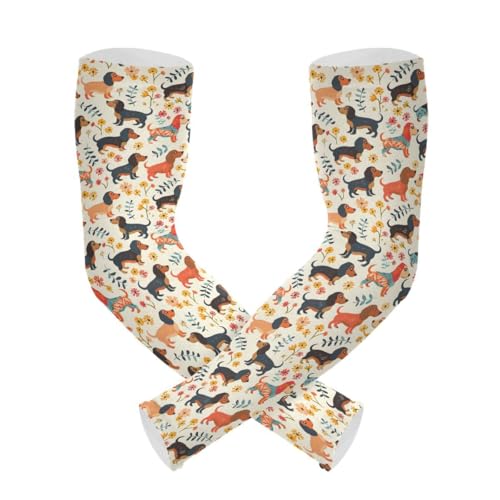 ALAZA Dachshund Puppy Dog Blossom Gardening Sleeves Cooling Arm Sleeves Sun Protection Thumb Hole Arm Covers for Women Men