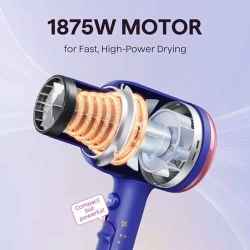 Image of Wavytalk Hair Dryer with Diffuser, Blown Away Ionic Hair Dryer for Curly Hair, 1875W Fast Drying Blow Dryer with Ceramic Technology, 3 Attachments for All Hair Types, Light and Quiet, Sapphire Blue