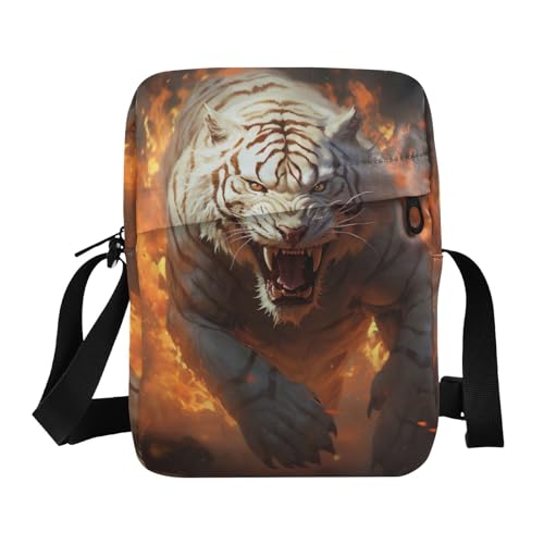 Crossbody Bag Flame White Tiger Fighting Messenger Bag for Women Men Purse Shoulder Bag Satchel Bag with Adjustable Strap 214A6895