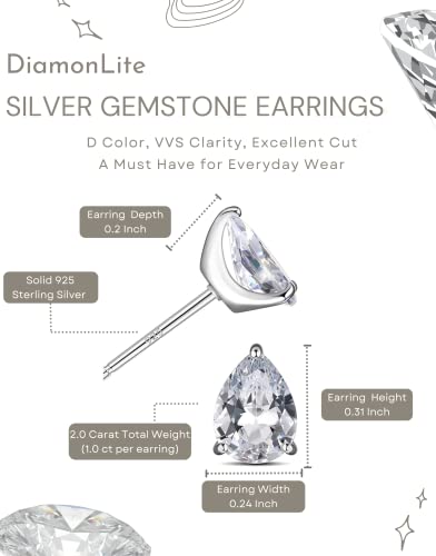 Diamonlite 2 Ct Cubic Zirconia Stud Earrings For Women And Men, D Color, Vvs Clarity, Excellent Cut, Pear Shape, Rhodium Plated 925 Sterling Silver Lab Created Simulated Diamond Earrings - Teardrop Mens And Womens Silver Cz Studs #TOP2