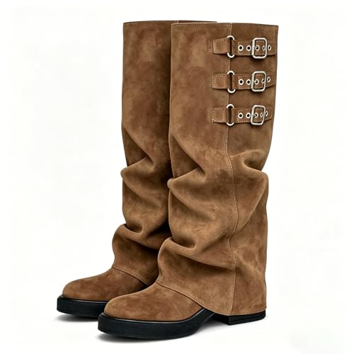 Image of ClassicSter Fold Over Knee High Boots Slouch Boots for Women Chunky Goth Platform Boots,2 inch Heel Wide Calf Long Boots Square Toe Riding Boots