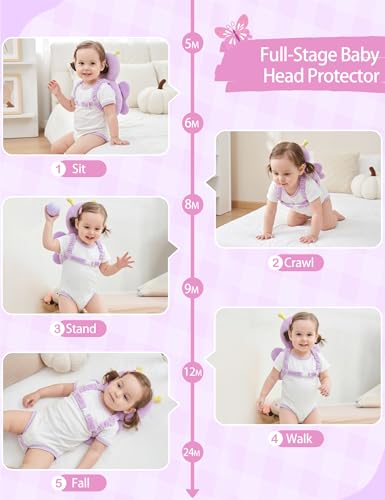 Image of JunNeng Baby Head Protector Backpack for Walking Crawling, Dot Butterfly | Soft, Breathable, Adjustable, Baby Fall Back Head Protector for Falling, Purple Dots Butterfly