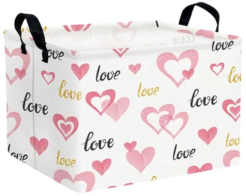 Image of Valentines Day Basket for Kids Heart Shaped Empty Storage Bins for Gifts with Handles Room Decor (Pink Double Love Golden LOVE)