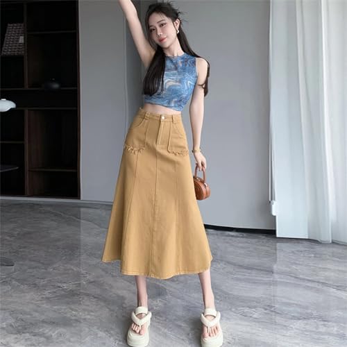 Generic Women's Retro High Waist Denim Skirt Classic Washed Fishtail Denim Skirt Women's Casual A-Line Midi Skirt4