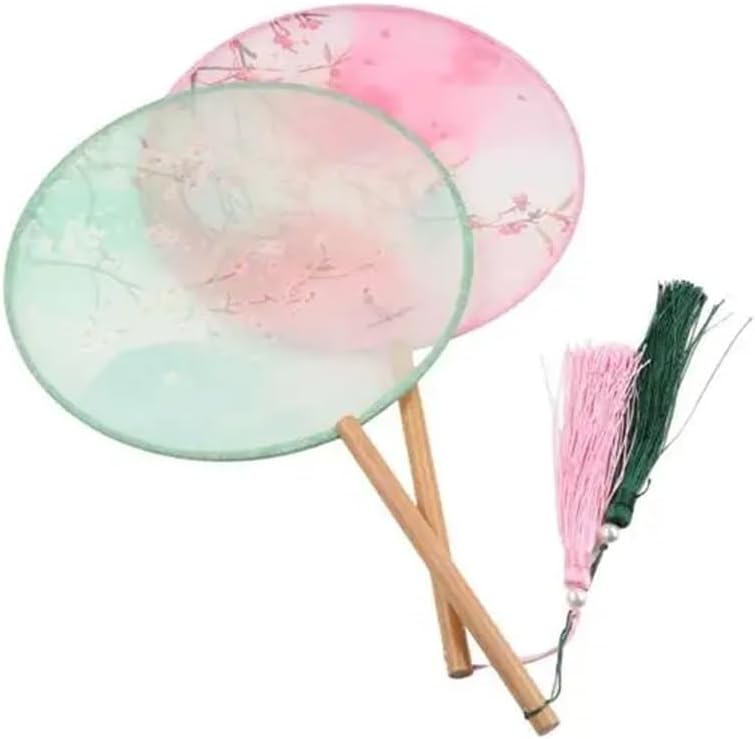 Vintage Fan Handheld Tassels Embroidery Floral Pattern Round Silk Home Decor