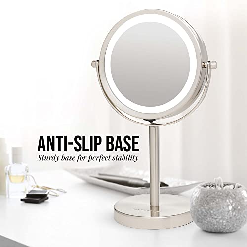 Image of OVENTE Lighted Vanity Mirror 6 Inch Table Top 1X 7X Magnification LED 360 Adjustable Double Sided Spinning Personal Makeup Stand Desk Bathroom Battery Powered Round Large Nickel Brushed MLT60BR1X7X