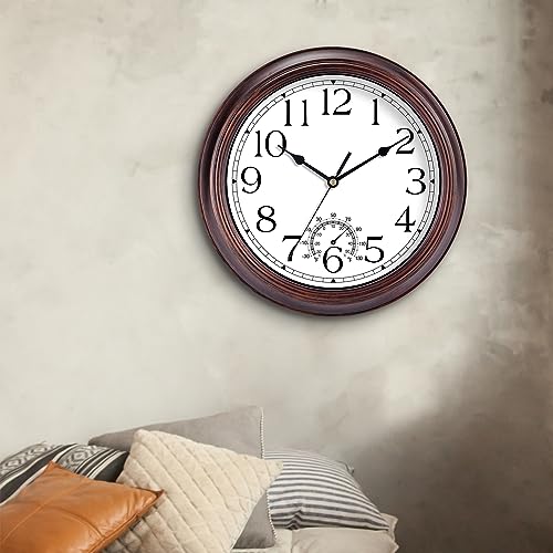 Image of KECYET 8.5 Inch Outdoor Wall Clock with Thermometers, Vintage Silent Wall Clocks Battery Operated, Retro Non-Ticking Clock Decorative for Living Room, Patio, Kitchen, Office, Bathroom, Bedroom(Bronze)