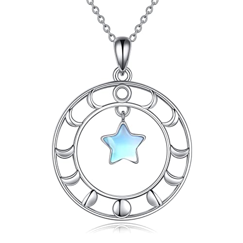 TIGER RIDER Collar de fase lunar de plata de ley 925 con colgante de estrella de piedra lunar sintética para mujer, 18 pulgadas