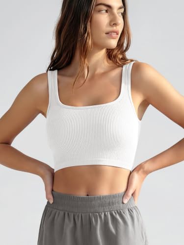 Image of ODODOS 3-Pack Seamless Square Neck Crop Tank for Women Ribbed Knit Soft Low Back Cropped Tops