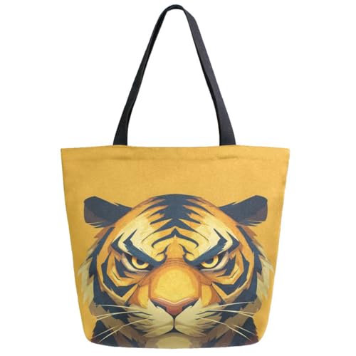 Cartoon Unhappy Tiger Orange Extra Large Canvas Gym Shoulder Tote,Durable Daily Reusable Top Handle Bag for Mens Womens Yoga Weekender Picnic Beach Travel Market Shopping