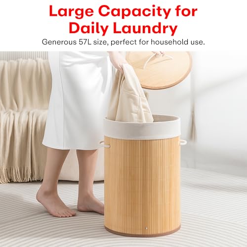 Image of Rioware Bamboo laundry bag basket for clothes with lid toy storage organiser box foldable Round Home Organizer and Storage | Eco Friendly | Compact and Easy to carry- Brown Econest