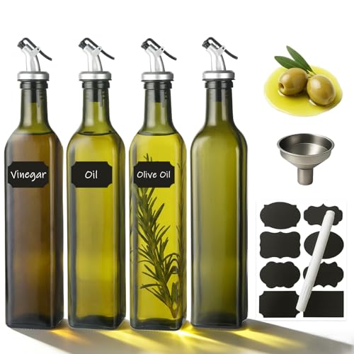 Image of WERTIOO 4 Pack Olive Oil Dispenser Bottle for Kitchen, 500 ml Glass Oil Olive Bottle, Oil & Vinegar Dispenser Set with 1 Funnels, Pen and Tags (Green)