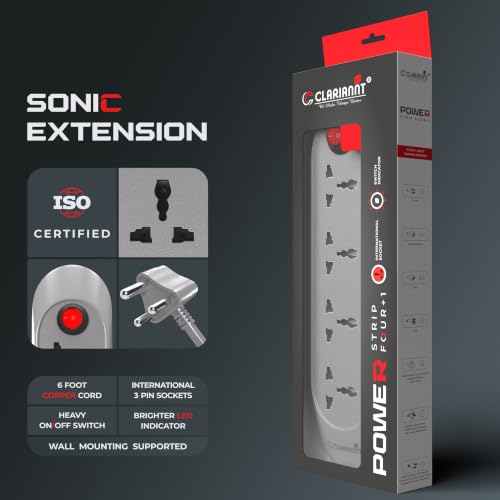 Image of Sonic 6 Foot 4-Socket Extension Board - 10A 240V with Wall Hanging | Heavy Duty Thick Copper Cord Power Strip, Multi Plug Extension Box & Spike Guard