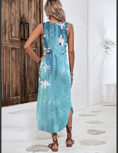 Image of Zeagoo Women Floral Summer Casual Beach Printed Tank Dress with Pockets Pleated Front Long Dress