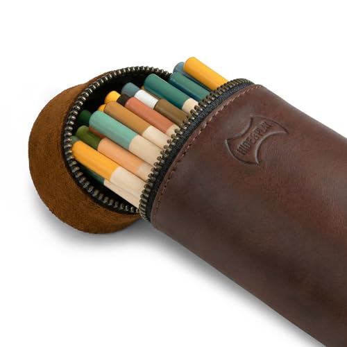 Image of Hide & Play, Pencil-Shaped Case for Pens, Pencils, Markers, and Office Accessories, Zippered Bag, Pen Storage, Full Grain Leather, Handmade (Bourbon Brown)