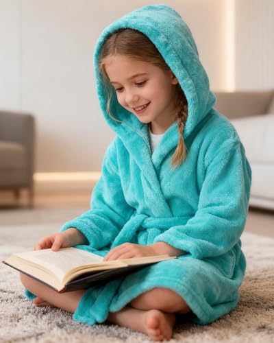 Image of Girls Fleece Hooded Robes, Warm Printed Bath Robe for Kids Soft Fuzzy Bathrobe for Gifts