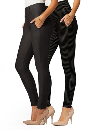 Conceited 2-Pack Stretch Slacks for Women - Wear to Work - Slim Leg Dress Pants with Pockets - All Pinned Up, Charcoal - (Large)