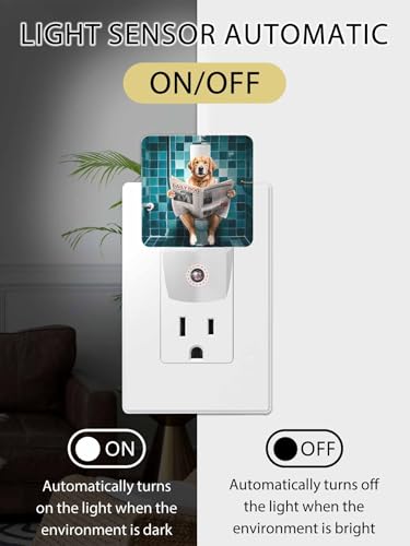 Image of Night Light Plug in LED Lamp Automatic Sensor Night Lights Plug into Wall Funny Dog Golden Retriever Sitting on The Toilet Reading Newspaper Bathroom Bedroom Hallway Bright Decor Dim Night-Lights