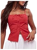 SOLY HUX Women's Tie Front Button Down Cami Top Y2k Spaghetti Strap Bustier Corset Tops Camisole Solid Red Medium