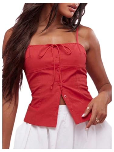 SOLY HUX Women's Tie Front Button Down Cami Top Y2k Spaghetti Strap Bustier Corset Tops Camisole